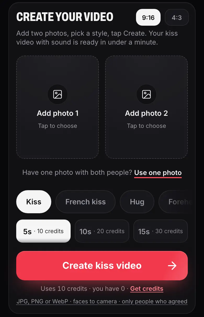 The AI Kiss create screen before any photos are added: two tiles labelled Add photo 1 and Add photo 2, a Use one photo link, the style row starting with Kiss, and the 5, 10 and 15 second length buttons