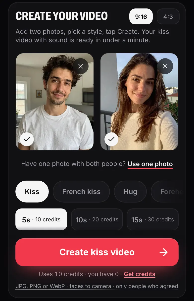 The same screen with one photo in each tile, Kiss selected and the button reading Create kiss video